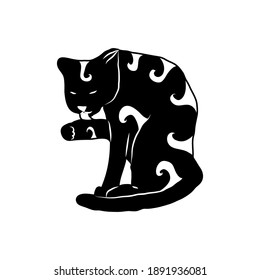 Cosy hand drawn cat with decorations. Waves. Vector illustration. Editable lines. Black and white.