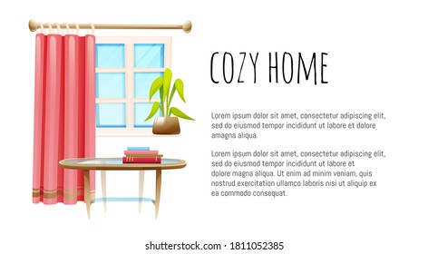 Cosy home concept. Coffee table with a stack of books, window with soft pink curtains and domestic plants. Banner template, vector illustration in cartoon style