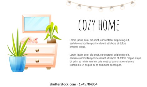 Cosy home concept. Mirror, lamps garland, kitten sleeps on a cupboard and domestic plants. Banner template, vector illustration in cartoon style