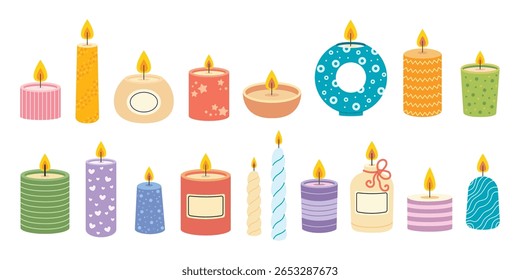Uma decoração caseira acolhedora com velas de cera. Aromaterapia. Ilustração de vetor plano isolada em um fundo branco.