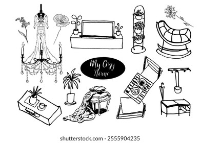 Cosy home. Interior furniture, decoration. Hand drawn vector isolated set.