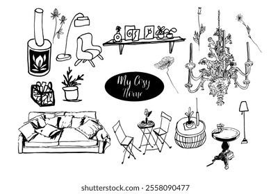 Cosy home. Interior furniture, decoration. Hand drawn vector isolated set.