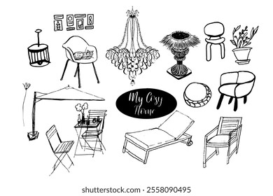 Cosy home. Interior furniture, decoration. Hand drawn vector isolated set.