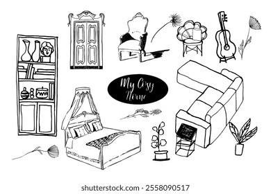 Cosy home. Interior furniture, decoration. Hand drawn vector isolated set.