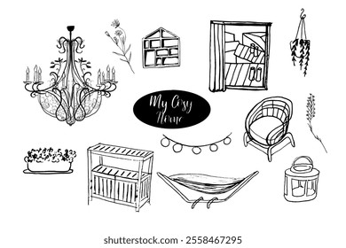 Cosy home. Interior furniture, decoration. Hand drawn vector isolated set.