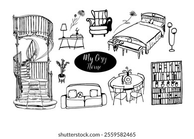 Cosy home. Interior furniture, decoration. Hand drawn vector isolated set.