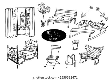 Cosy home. Interior furniture, decoration. Hand drawn vector isolated set.