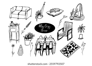 Cosy home. Interior furniture, decoration. Hand drawn vector isolated set.