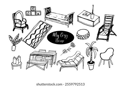 Cosy home. Interior furniture, decoration. Hand drawn vector isolated set.