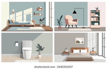 Cosy home. Minimal interior scenes. Kids room, armchair nook, bathroom toilet, master bedroom. Pastel colored