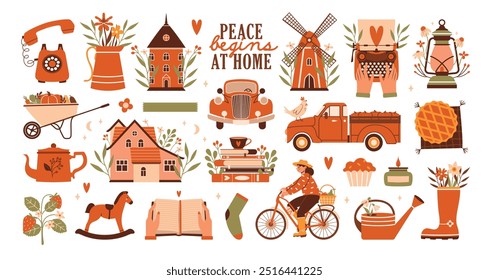 Casa Acolhedora. Doce Lar. Coleção de ilustrações vetoriais com casas, moinho de vento, livros, padaria, bicicleta, caminhonete, carro, máquina de escrever, bule, flores, plantas. Época de outono. Para cartões, banners