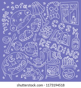 Cosy home white and purple doodle drawing with many hygge symbols