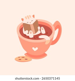 Cosy illustration of a cute cat reading a book in a cup of hot drink. Great for greeting cards, prints, bookstore, cafe, coffee shop, textiles, packaging. Gentle, warm, beige, pink colours