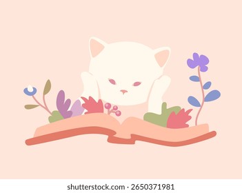 A cosy illustration of a cute white cat reading a book with leaves, berries and flowers peeking out. Delicate illustration in warm, pastel colours. Great for greeting cards, print, stationery