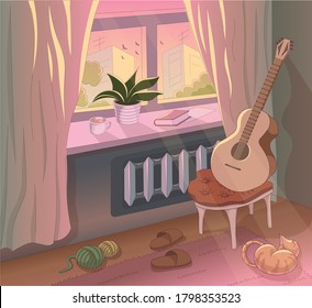 Cosy interior with a guitar, potted plant, red cat, home slippers and knitting thread. A cup of coffe and a good book are waiting on a window shell. Beautiful, calm and cosy backround.