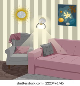 Cosy interior of a living room with gray armchair, dark rose couch, pillows, gray carpet, mirrow, picture and light on the strip wall