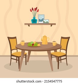 Cosy kitchen interior design with furniture. Dining table in kitchen with chairs, cups and teapot, dish with friuts. Flat style vector illustration