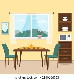 Cosy kitchen interior design with furniture and window with curtain. Dining table in kitchen with chairs, cups and teapot, shelf, microwave, elements of room decor. Flat style vector illustration