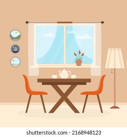 Cosy kitchen interior design with furniture and window with curtain. Dining table in kitchen with chairs, cups and teapot, lamp, pictures, elements of room decor. Flat style vector illustration