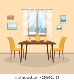 Cosy kitchen interior design with furniture, winter forest window view. Dining table in kitchen with chairs, cups and teapot, pictures on the wall. Vector illustration in flat style
