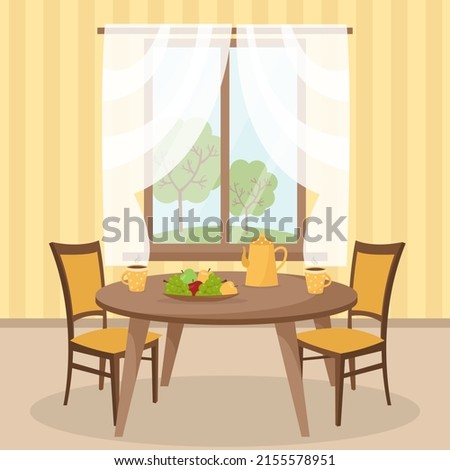 Cosy kitchen interior design with furniture, window with curtains and summer view. Dining table in kitchen with chairs, cups and teapot, dish with fruits. Flat style vector illustration