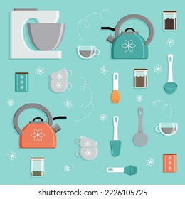 Cosy kitchenware isolated set in green, white and orange colors on the aquamarine background. Icons of kettles, cups, jars, food processor, shovels, Illustration in flat style.