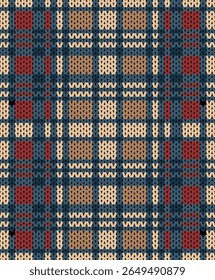 Aconchegante tricô tartan padrão sem costura. Padrão xadrez tricotado azul escuro, vermelho, bege. Fundo de textura tecida xadrez com pontos de malha