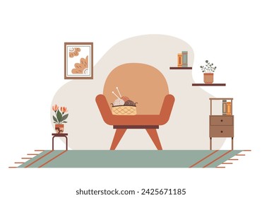 Cosy living room in a flat style. Comfortable place for rest and relaxation. Knitting on the chair.
