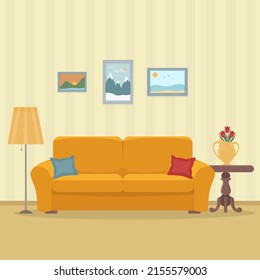 Cosy living room interior design with furniture and elements of home decor. Sofa, pillow, lamp, pictures in frames, wooden table, vase with flowers. Flat style vector illustration