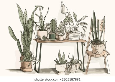 Cosy Minimal House Plants Boho Illustration