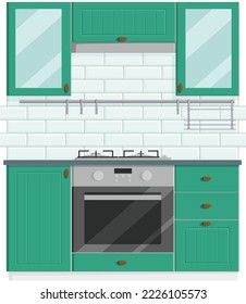 Cosy modern sap green kitchen concept. Kitchen set with gas stove and oven and with white titles on the baskground. Interior design vector illustration in flat style