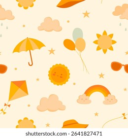 Cosy pattern in warm yellow and beige colours with balloons, kite, rainbow, cute sun, clouds, stars. Ideal for children's products, textiles, stationery, bedding, cover