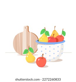 Cosy, pretty nook on kitchen worktop. Red apples and yellow pears lie in an enamelled bowl in blue peas. Wooden round chopping board stands upright. Dietary, healthy eating concept. Vector. 