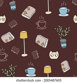 Cosy reading plants and blobs seamless pattern.