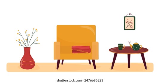 Cosy room interior. Autumn mood. Flat style illustration. Vector 