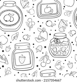 Cosy seamless doodle pattern with jam, berries, fruits and dots. Vector black and white illustration for design, websites, books, printing, clothing in cartoon style