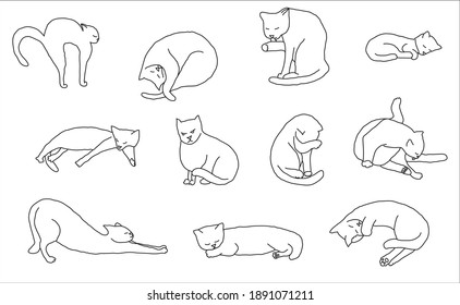 Cosy set cat hand drawn. Vector illustration. Editable lines.