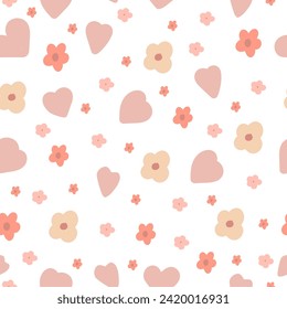 Cosy simple seamless pattern flat design with flowers and hearts