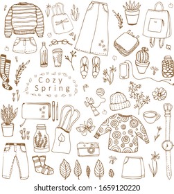 Cosy spring set. Vector illustration with different design and casual style elements