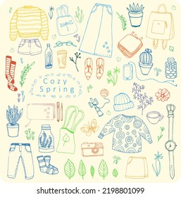 Cosy spring set. Vector illustration with different design and casual style elements