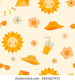 A cosy summer pattern with a smiling sun, flowers, kite, hat, and sunglasses. Cute sunshine in a beach aesthetic. Ideal for summer children's textiles, umbrellas, towels, bedspreads, swimwear