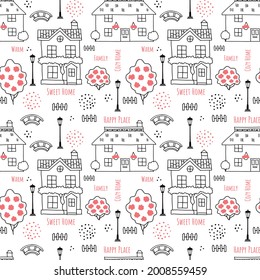Cosy town seamless pattern. Classic houses with pink garden roses and lanterns. Hand drawn pattern for fabric, gift paper, textile. Vector illustration