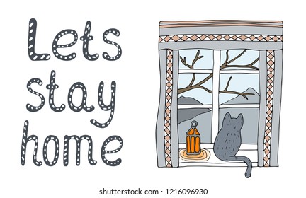 Cosy vector illustration - the cat looks out the window, a burning lamp, a candle.. Typography of lets stay home. Isolated on white background. Scandinavian hygge style.