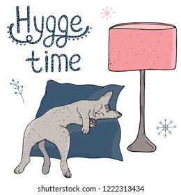 Cosy vector illustration - cat is sleeping on the cushion under the lamp. Typography of hygge time. Isolated on white background. Scandinavian hygge style.