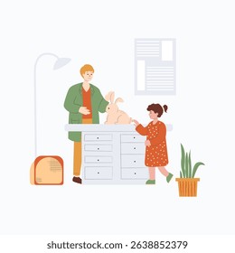 Cosy vectrn illustration on white background Veterinarian examining a girl's rabbit. Pet Love for a pet. Caring for a pet.