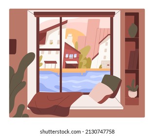 Cosy window sill with dawn over city view. Home interior with pillows, plaid on windowsill. Morning cityscape, landscape with river, houses, sunrise from inside apartment. Flat vector illustration