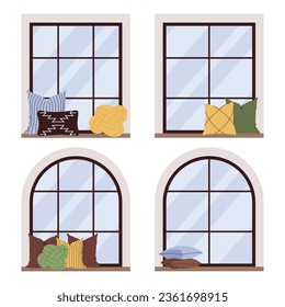 El interior es acogedor, con ventanales. Interior casero con almohadas, enrollado sobre el ventanilla confortable de la ventana, cómodo asiento paisajístico, aislado en blanco, diseño, estilo plano de ilustración aislada vectorial. 