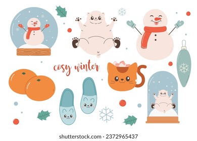 Cosy winter set clipart, polar bear, snow globe, tangerines, snowman, slippers.