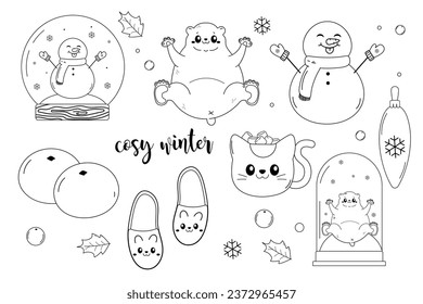 Cosy winter set clipart, polar bear, snow globe, tangerines, snowman, slippers.