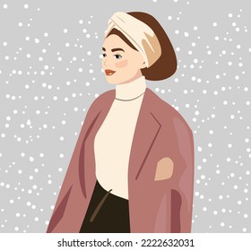 Cosy winter vector illustration with a New Year's atmosphere. Women in the background of snowflakes in winter clothes. The woman is wearing fashionable accessories and a hat. Stylish warm look 